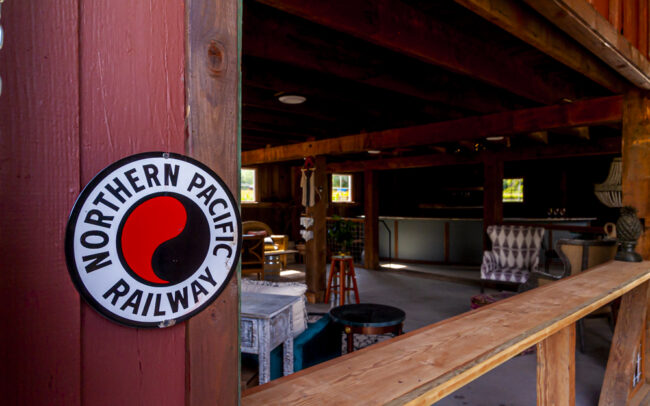 Northern Pacific Railway sign inside of the Mongata Estate Winery tasting room